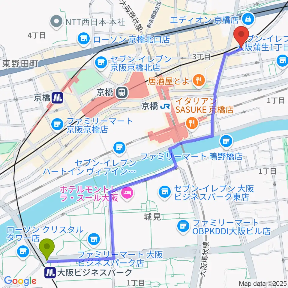 大阪ビジネスパーク駅から京橋ベロニカへのルートマップ地図