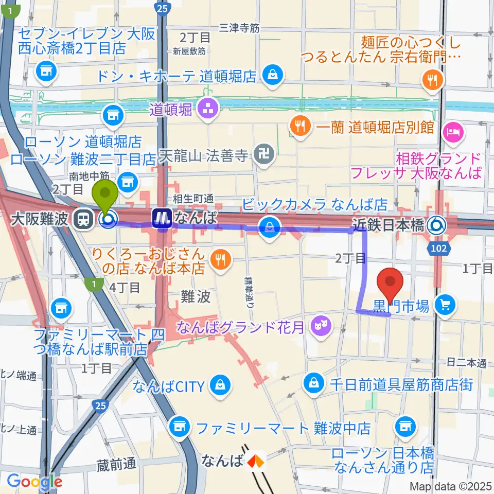 大阪難波駅から味園ユニバースへのルートマップ地図