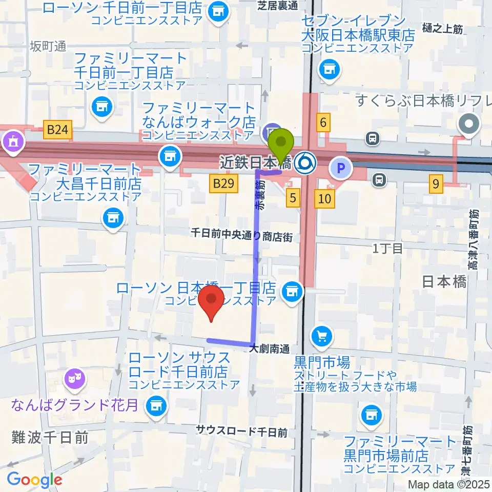 味園ユニバースの最寄駅近鉄日本橋駅からの徒歩ルート（約3分）地図