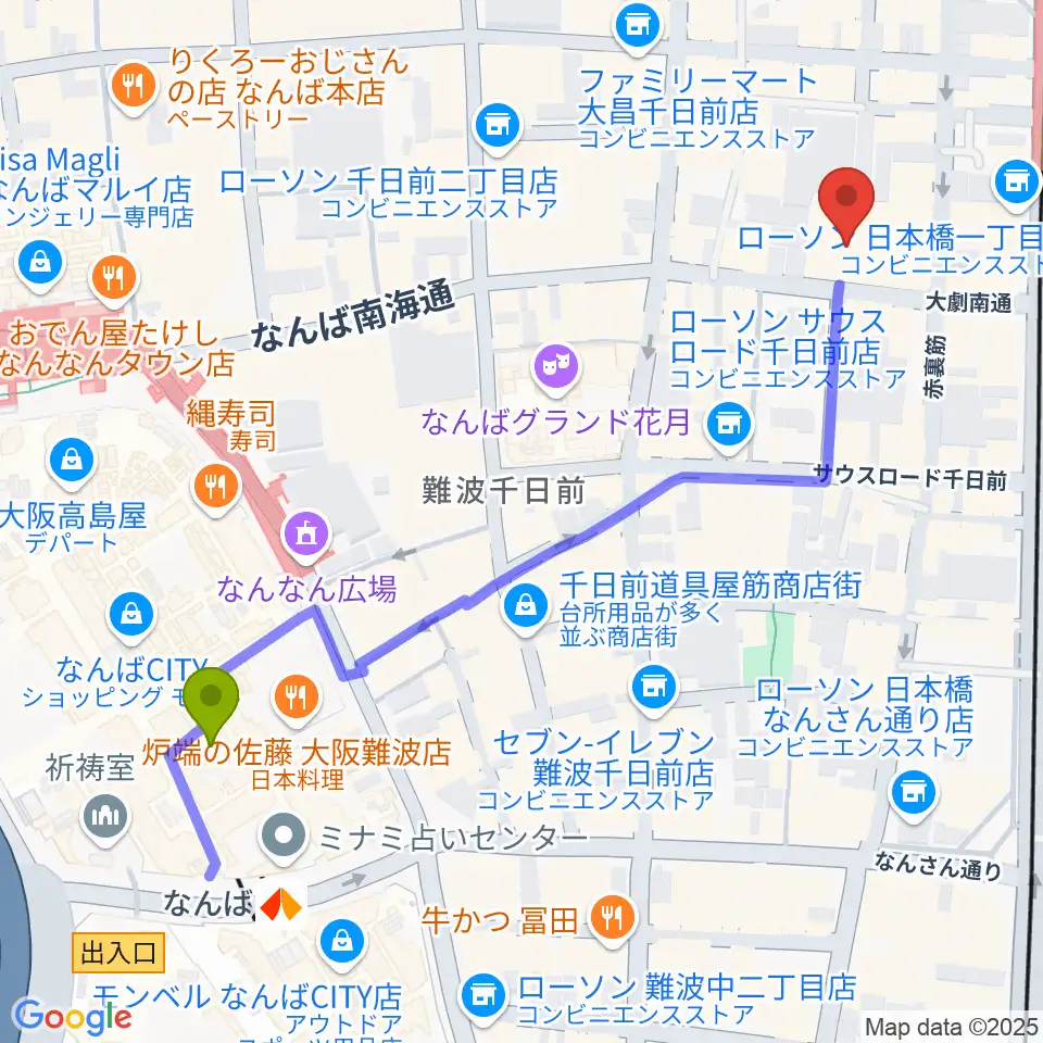 難波駅から味園ユニバースへのルートマップ地図