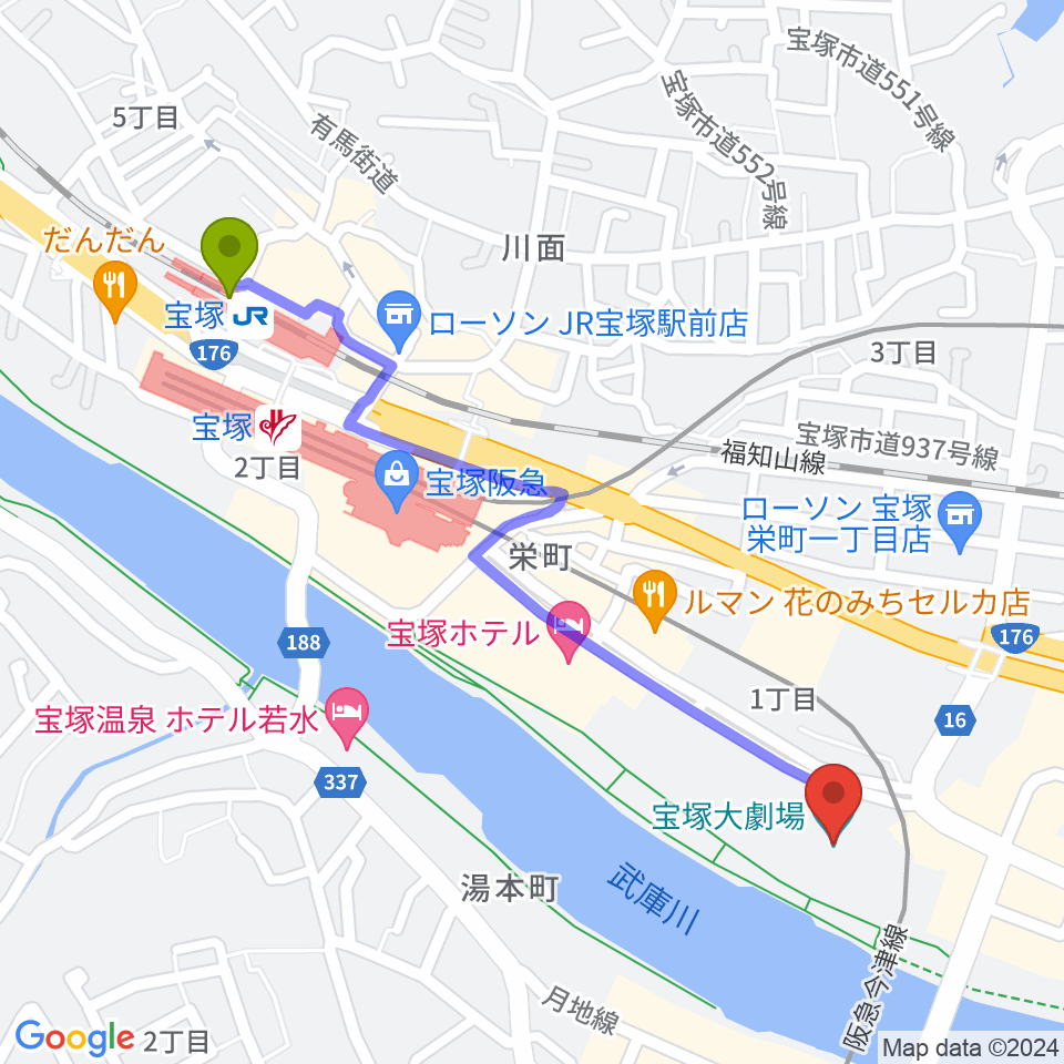 宝塚駅から宝塚大劇場・宝塚バウホールへのルートマップ地図