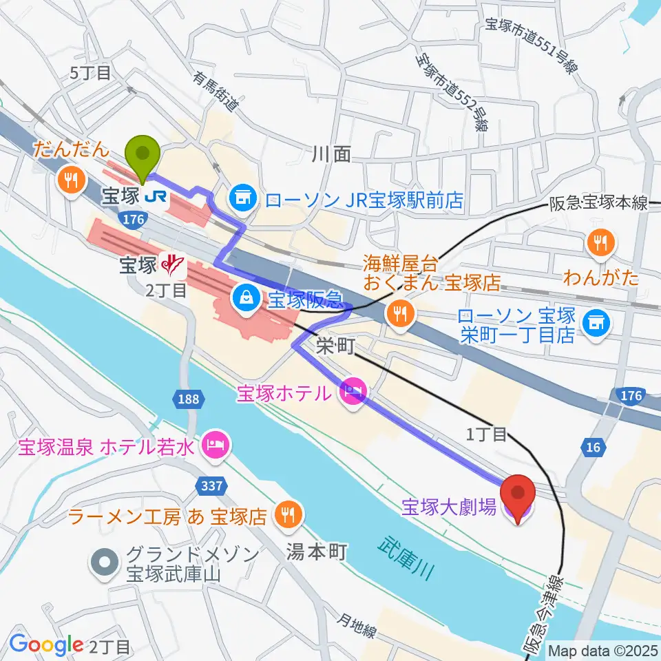 宝塚駅から宝塚大劇場・宝塚バウホールへのルートマップ地図