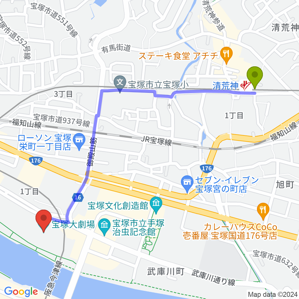 清荒神駅から宝塚大劇場・宝塚バウホールへのルートマップ地図