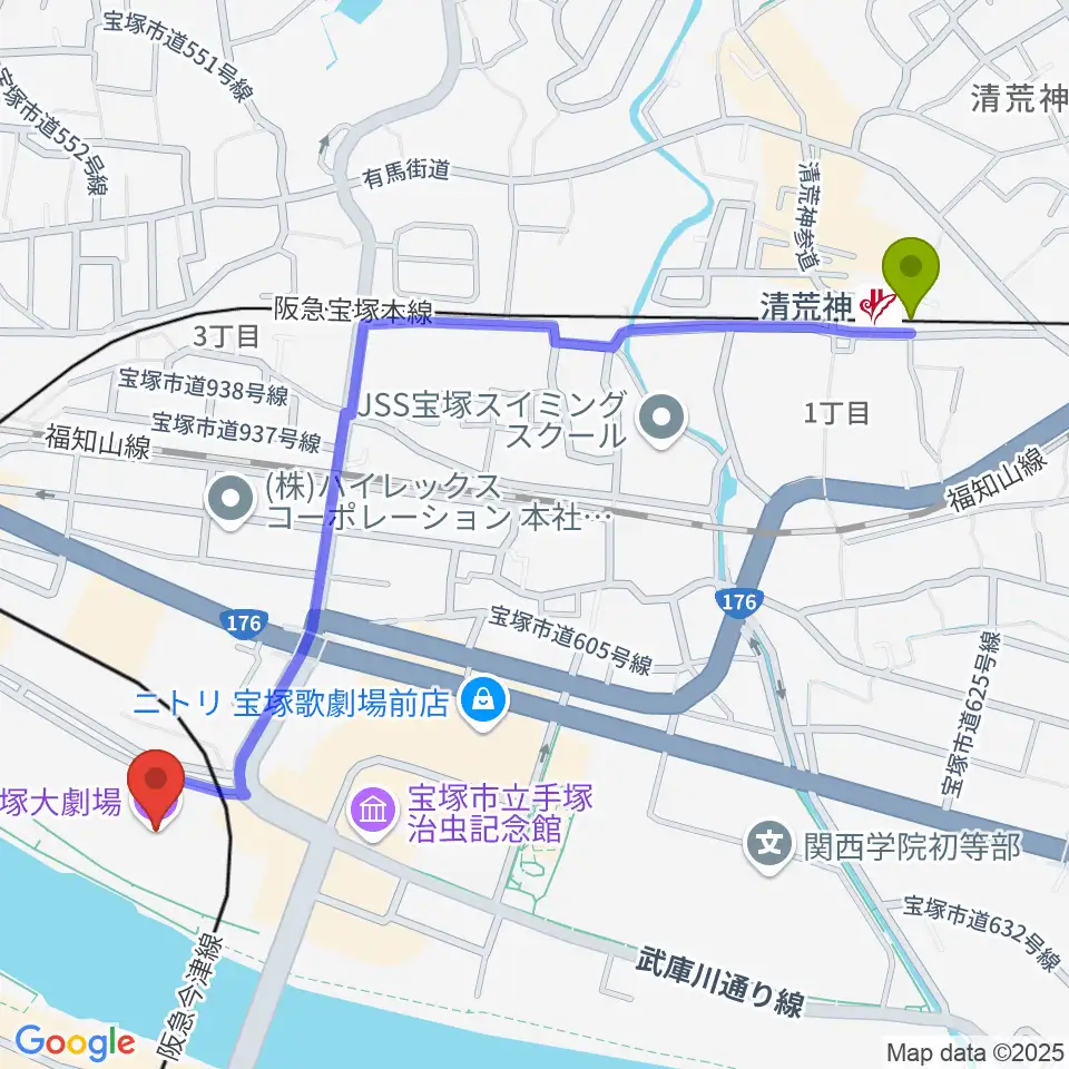 清荒神駅から宝塚大劇場・宝塚バウホールへのルートマップ地図
