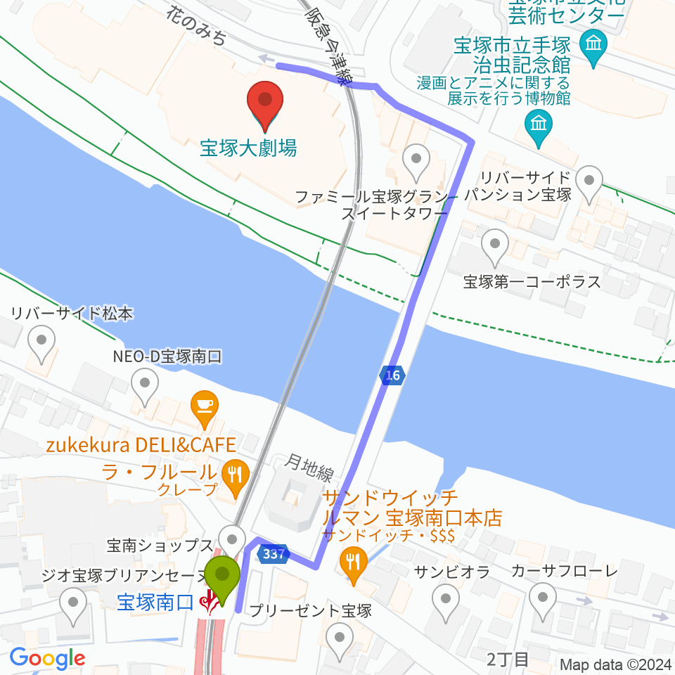 宝塚大劇場・宝塚バウホールの最寄駅宝塚南口駅からの徒歩ルート（約6分）地図