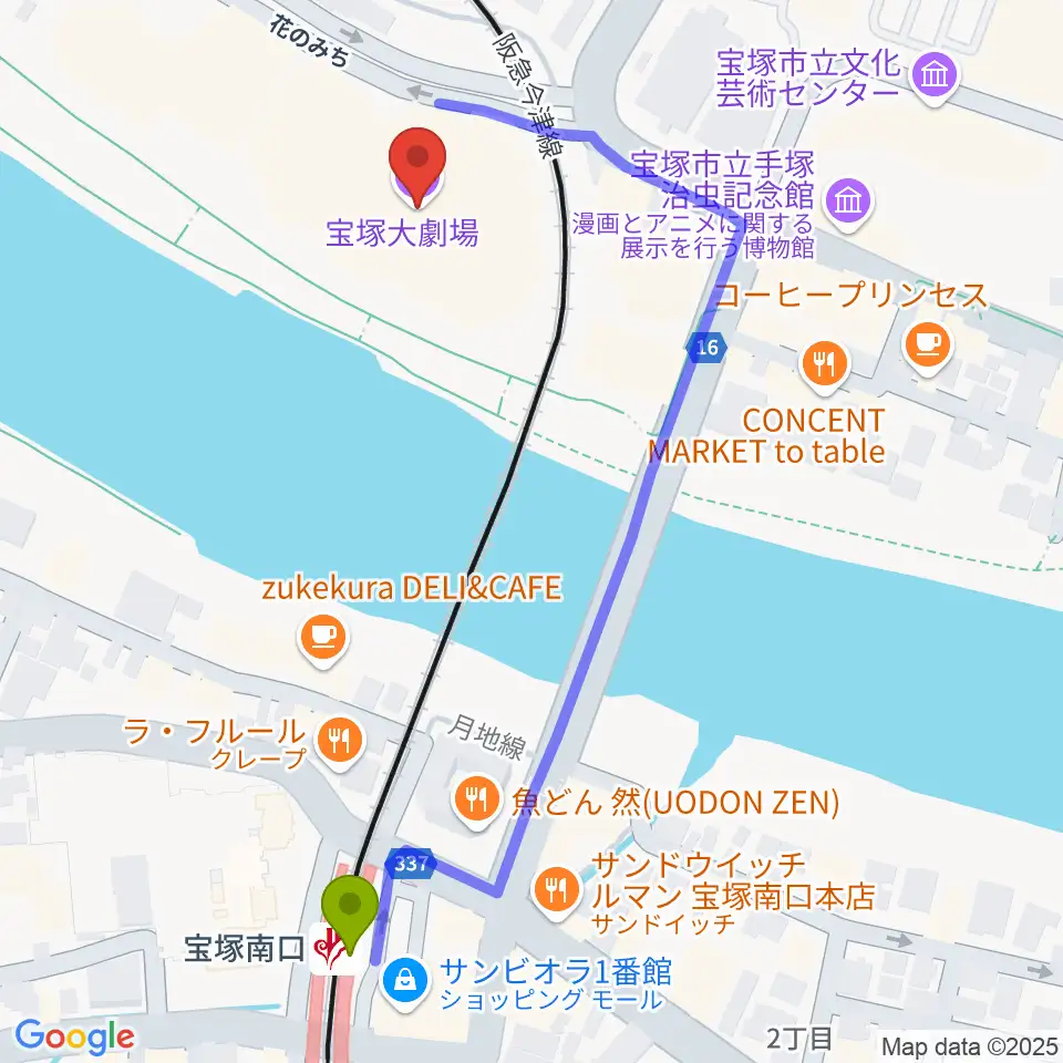 宝塚大劇場・宝塚バウホールの最寄駅宝塚南口駅からの徒歩ルート（約6分）地図