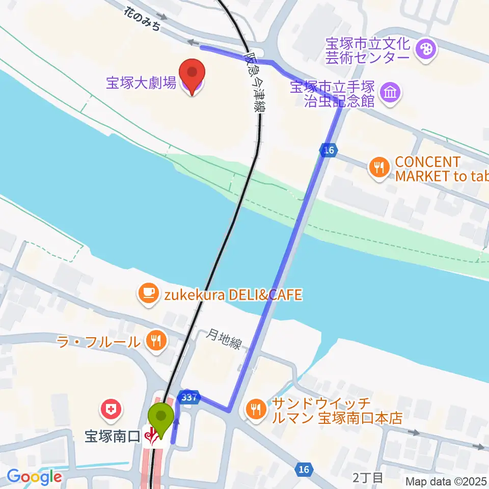 宝塚大劇場・宝塚バウホールの最寄駅宝塚南口駅からの徒歩ルート（約6分）地図