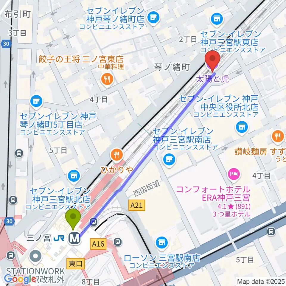 太陽と虎の最寄駅三ノ宮駅からの徒歩ルート（約6分）地図