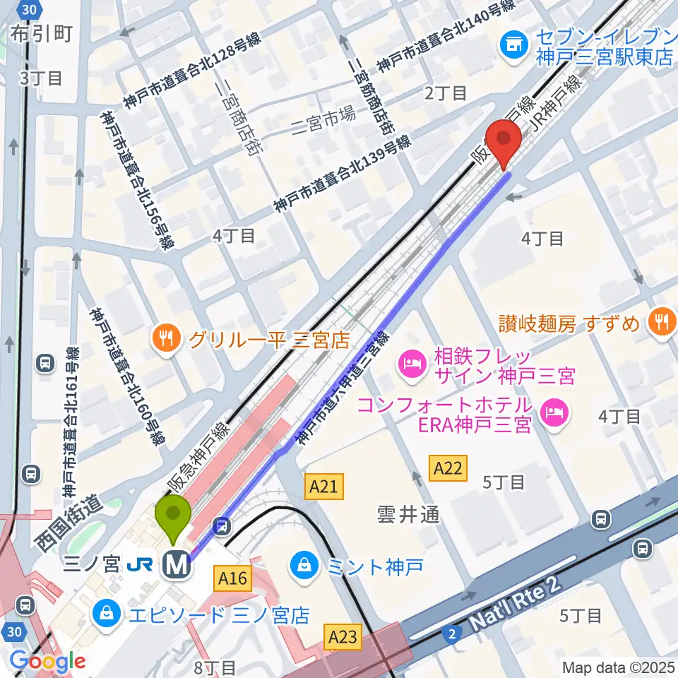 太陽と虎の最寄駅三ノ宮駅からの徒歩ルート（約6分）地図