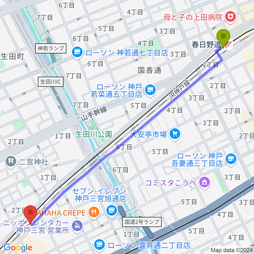 春日野道駅から太陽と虎へのルートマップ地図