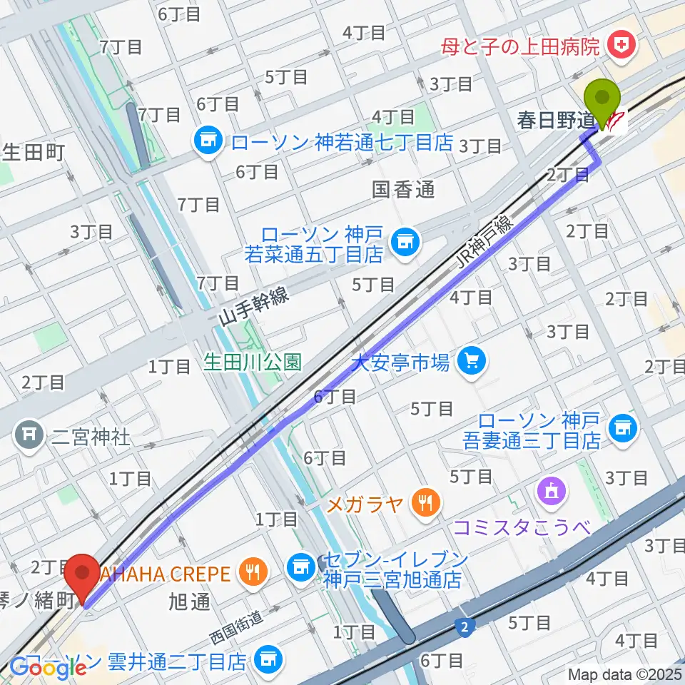 春日野道駅から太陽と虎へのルートマップ地図