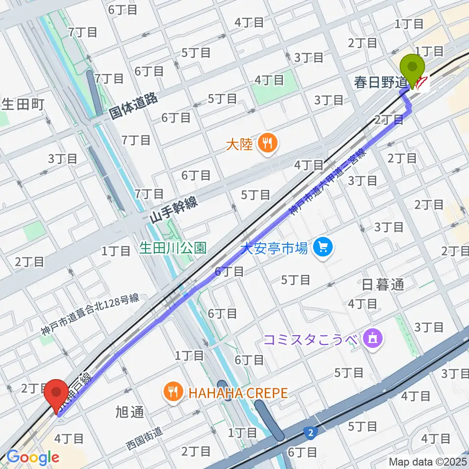 春日野道駅から太陽と虎へのルートマップ地図