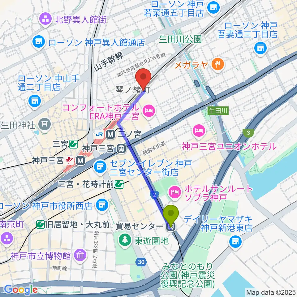 貿易センター駅から太陽と虎へのルートマップ地図