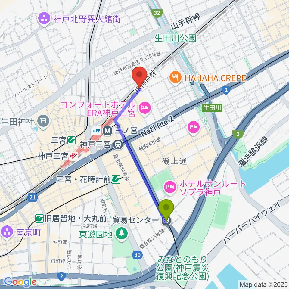 貿易センター駅から太陽と虎へのルートマップ地図