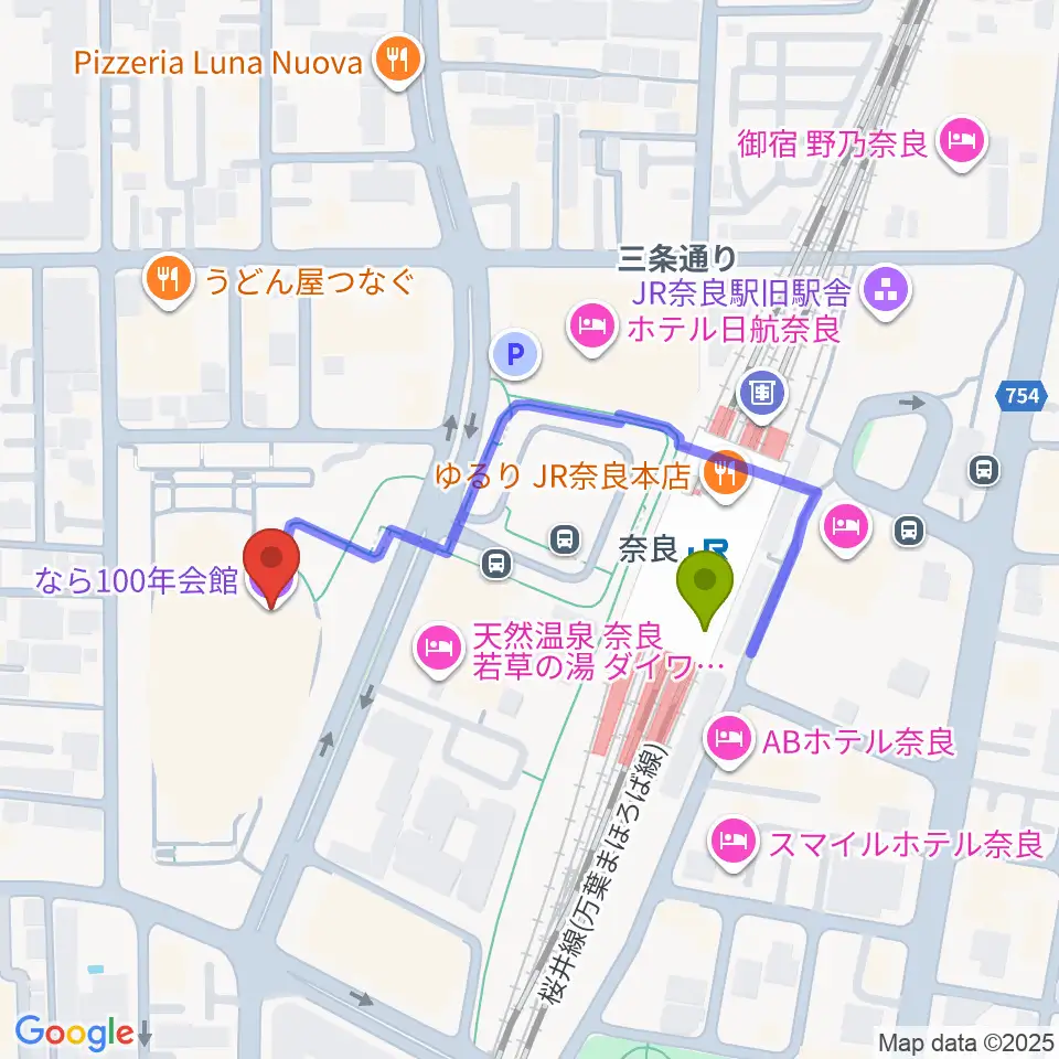 なら100年会館の最寄駅奈良駅からの徒歩ルート（約3分）地図