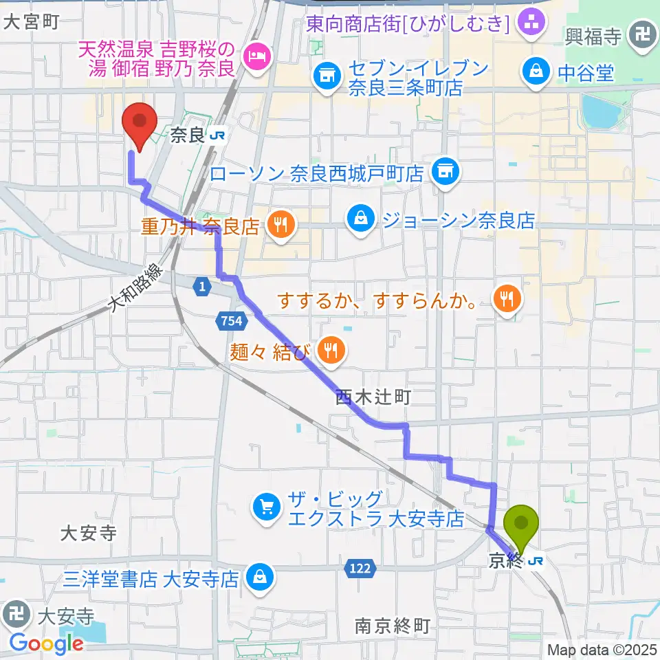 京終駅からなら100年会館へのルートマップ地図