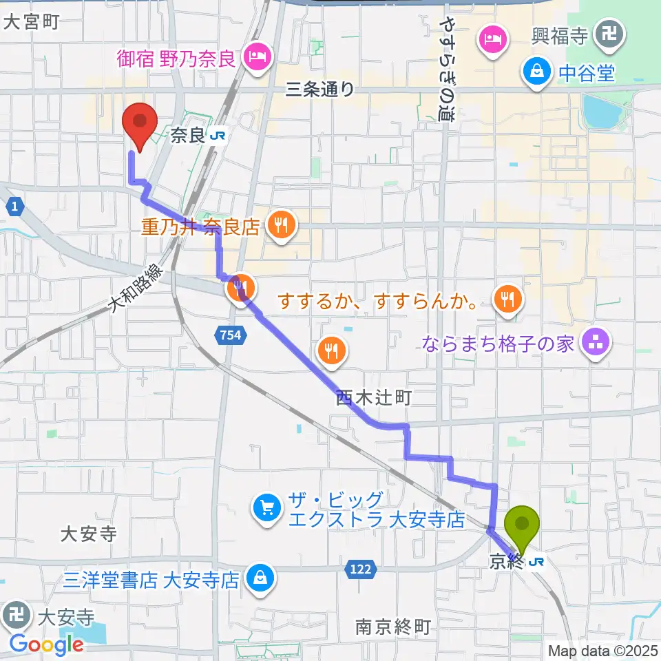 京終駅からなら100年会館へのルートマップ地図