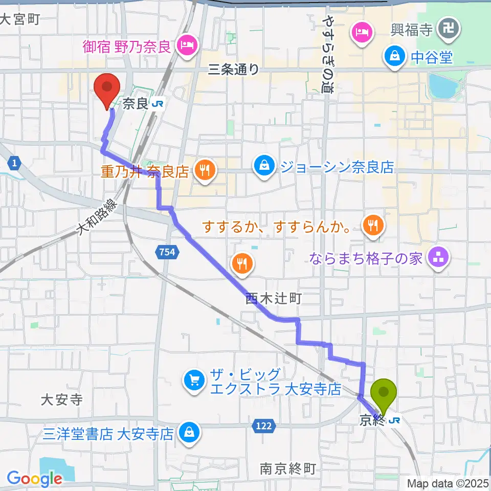 京終駅からなら100年会館へのルートマップ地図