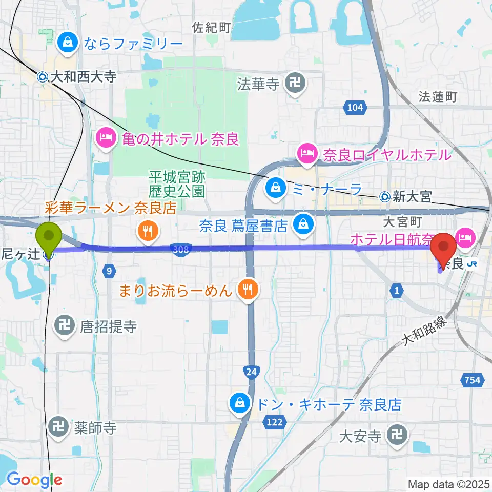 尼ヶ辻駅からなら100年会館へのルートマップ地図