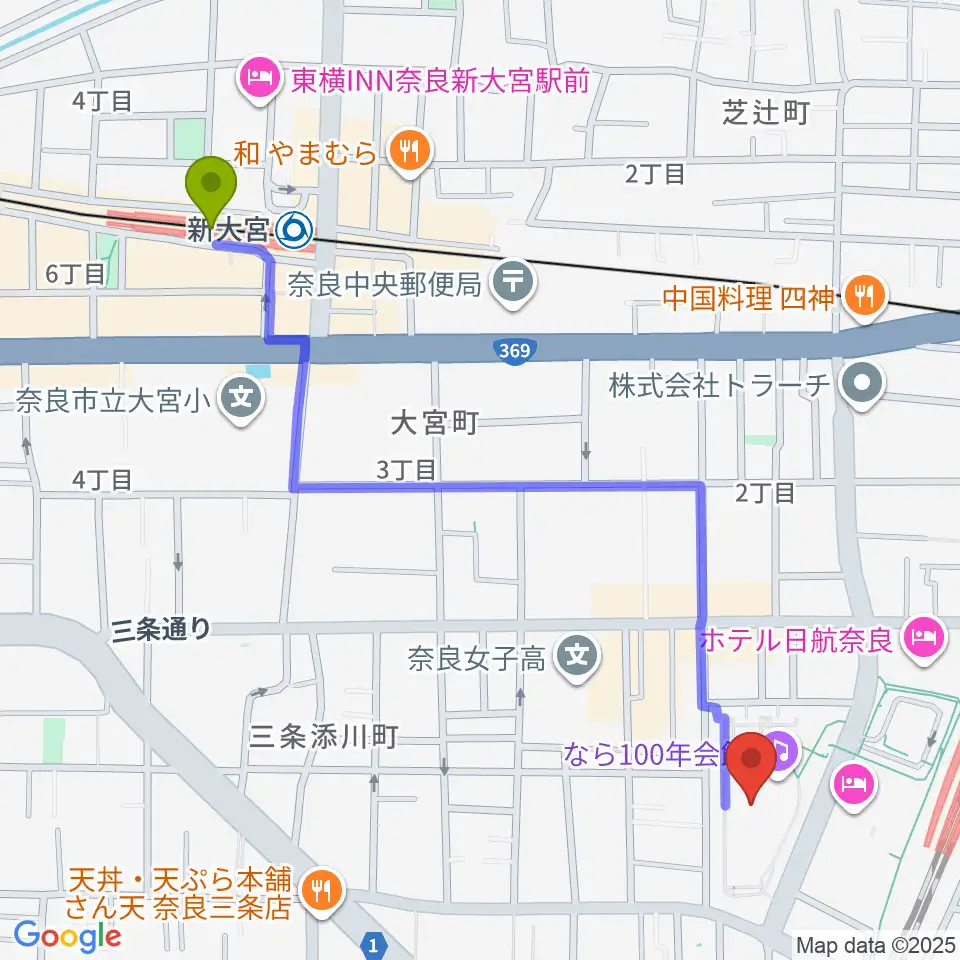 新大宮駅からなら100年会館へのルートマップ地図
