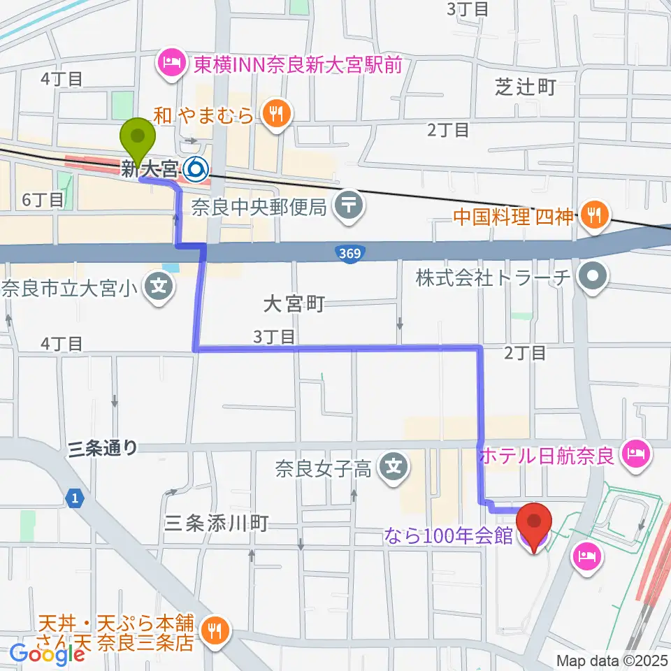 新大宮駅からなら100年会館へのルートマップ地図