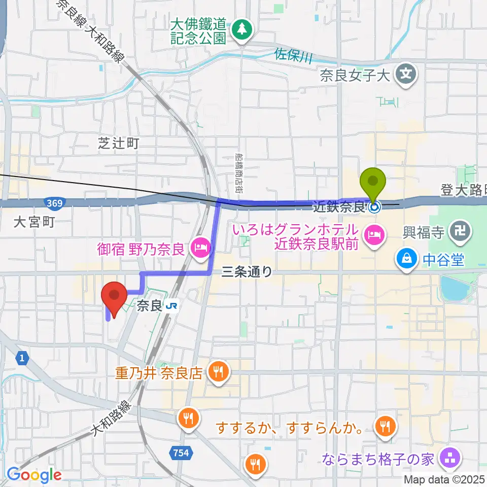 近鉄奈良駅からなら100年会館へのルートマップ地図