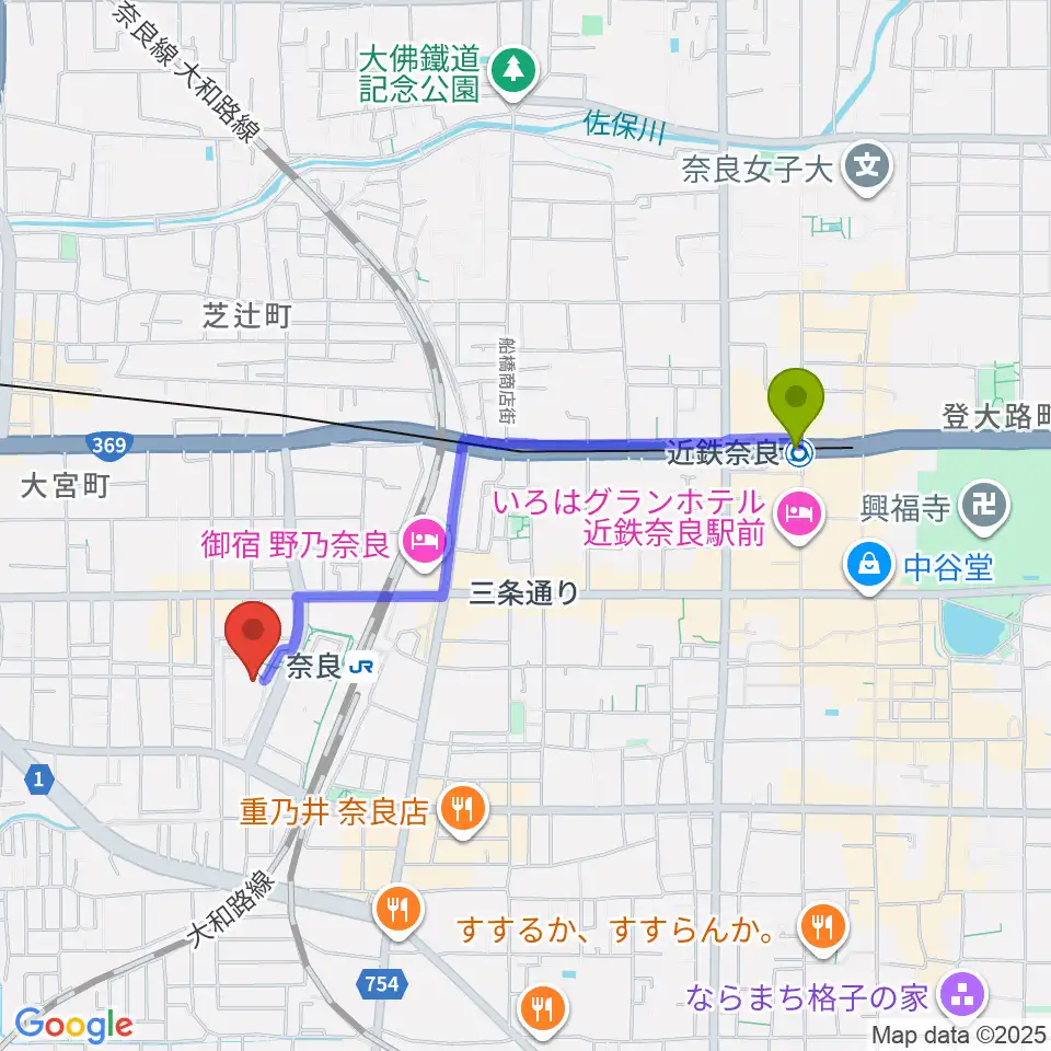 近鉄奈良駅からなら100年会館へのルートマップ地図