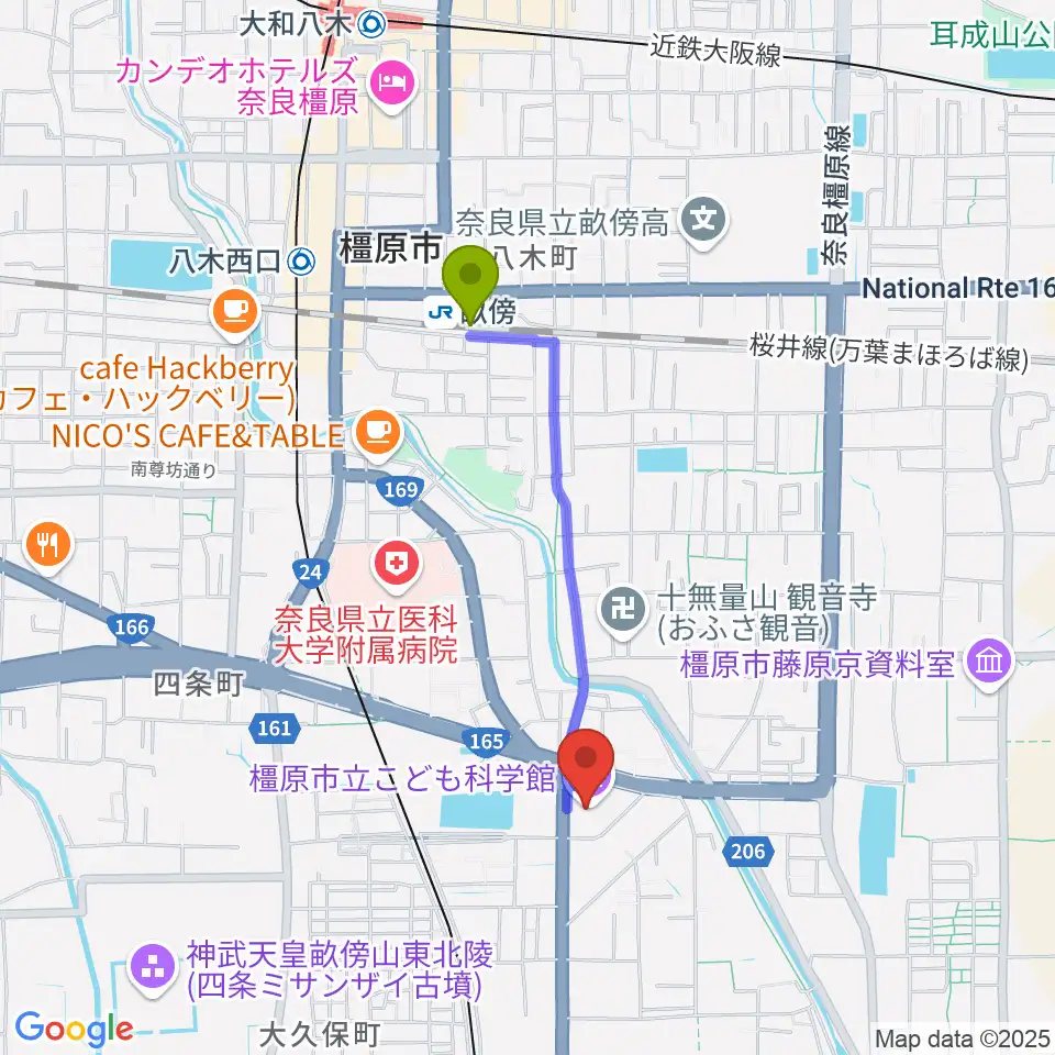 畝傍駅からかしはら万葉ホールへのルートマップ地図