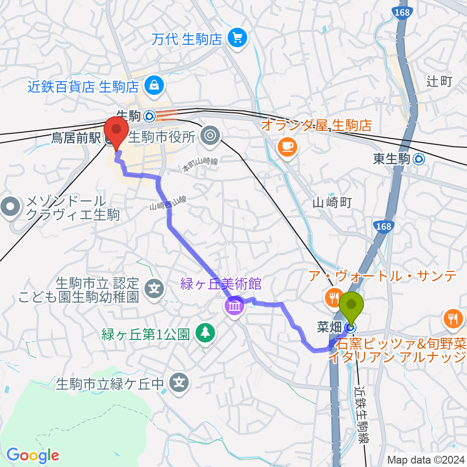 菜畑駅から生駒RHEBGATEへのルートマップ地図