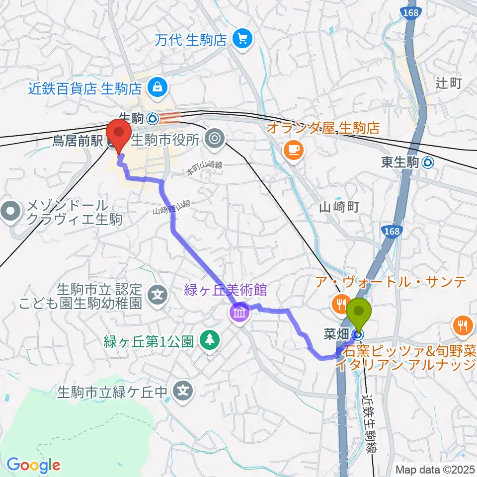 菜畑駅から生駒RHEBGATEへのルートマップ地図