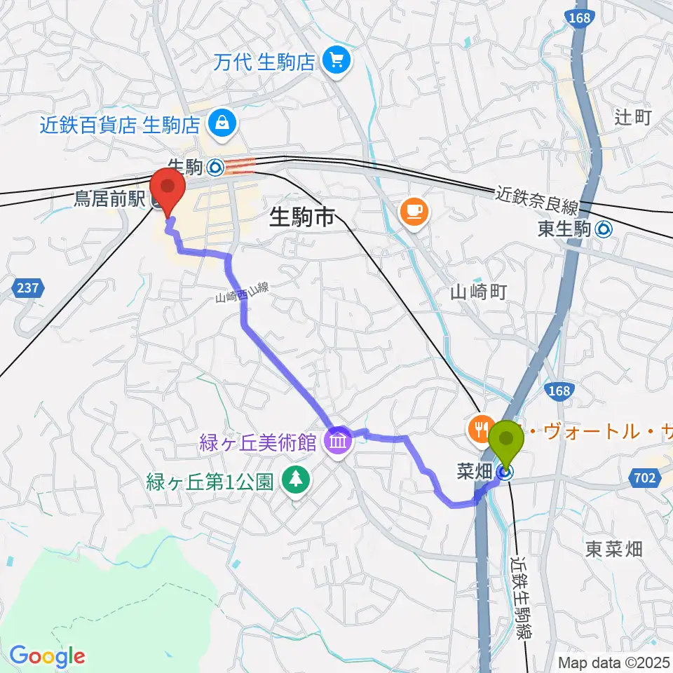 菜畑駅から生駒RHEBGATEへのルートマップ地図