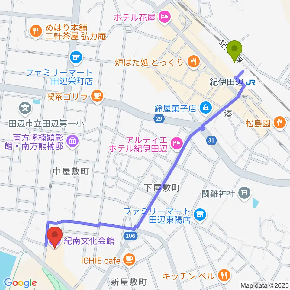 紀南文化会館の最寄駅紀伊田辺駅からの徒歩ルート（約14分）地図