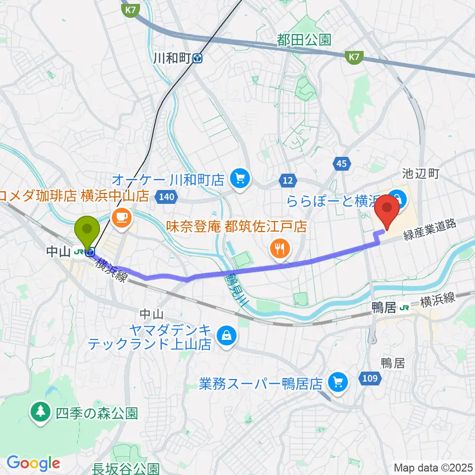 中山駅から島村楽器 ららぽーと横浜店  へのルートマップ地図