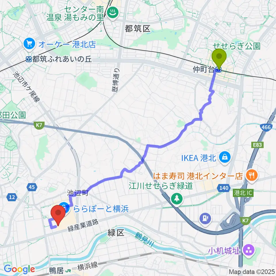 仲町台駅から島村楽器 ららぽーと横浜店  へのルートマップ地図