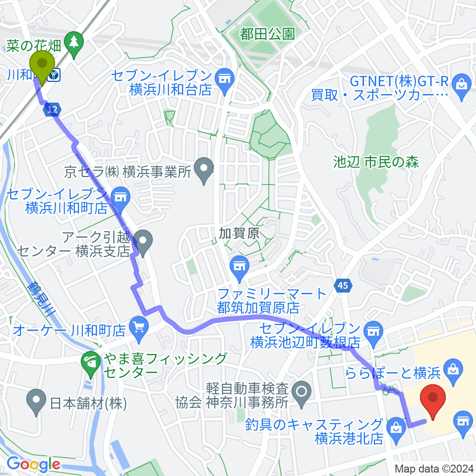 川和町駅から島村楽器 ららぽーと横浜店  へのルートマップ地図