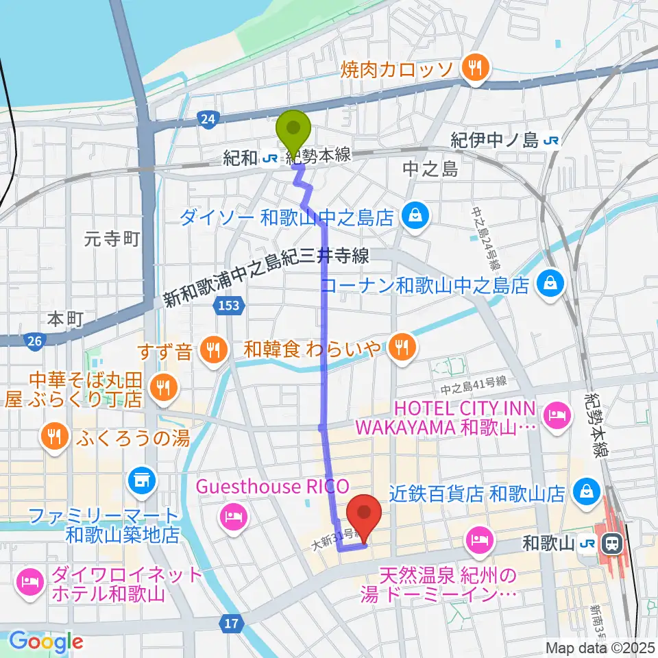 紀和駅から和歌山ビンテージへのルートマップ地図