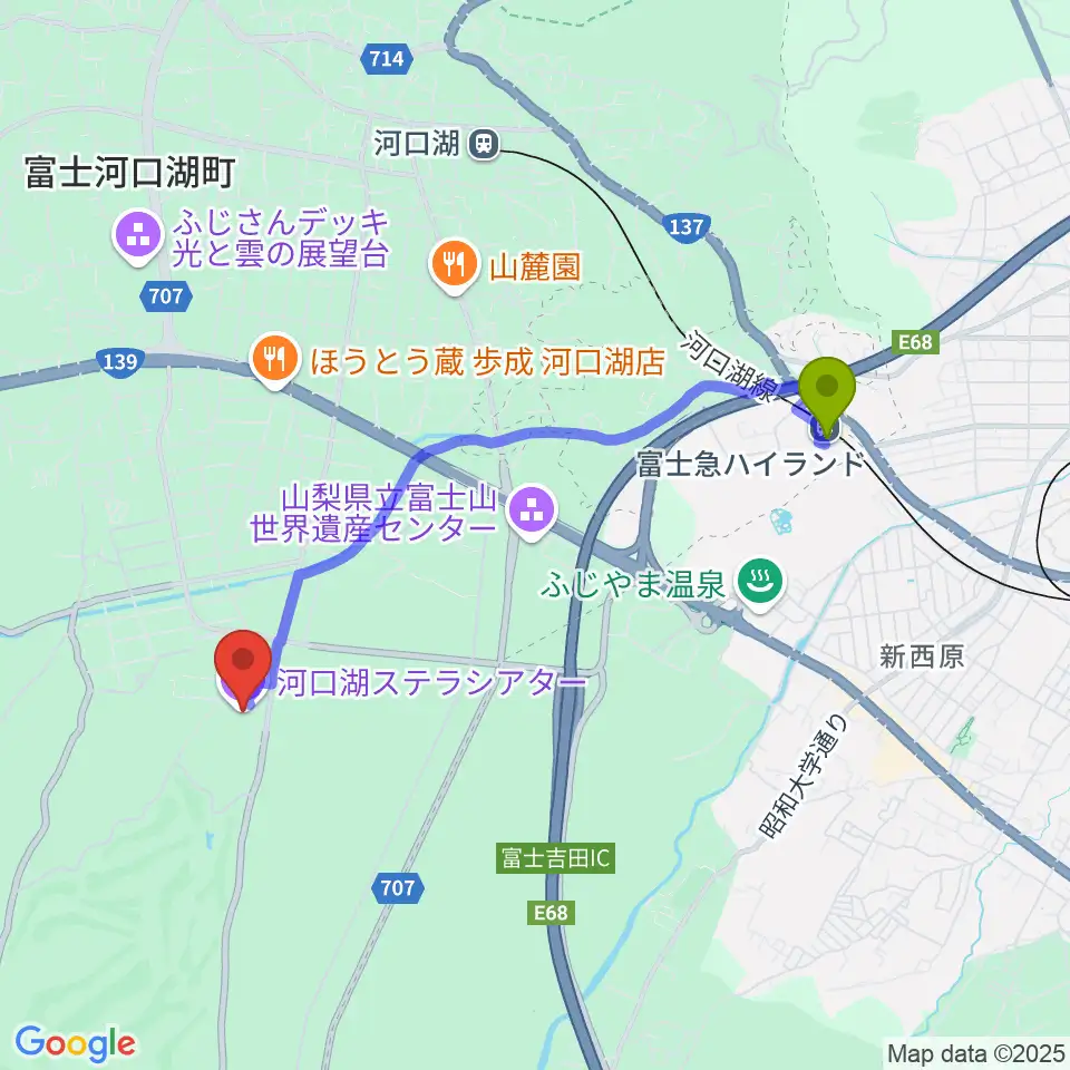 富士急ハイランド駅から河口湖ステラシアターへのルートマップ地図