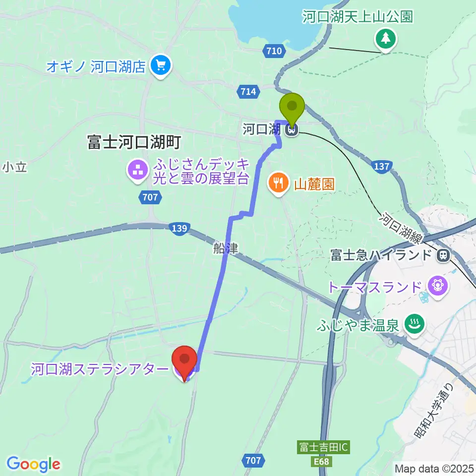 河口湖ステラシアターの最寄駅河口湖駅からの徒歩ルート（約36分）地図