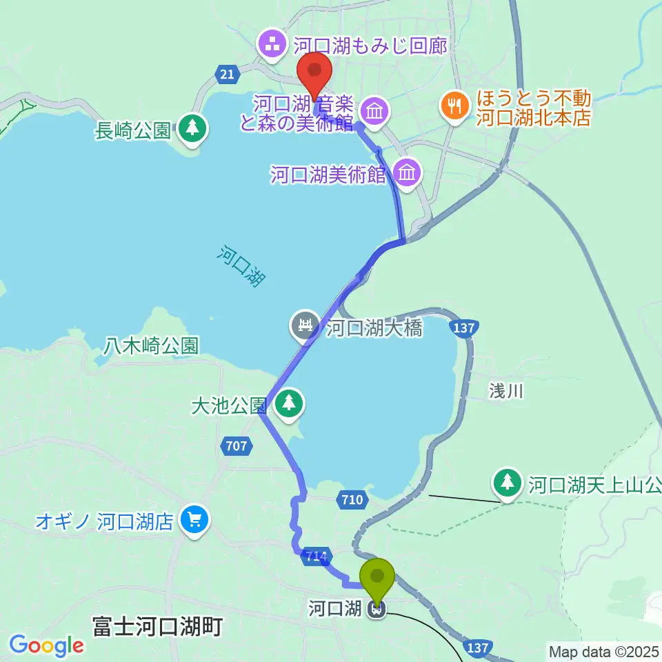 河口湖円形ホールの最寄駅河口湖駅からの徒歩ルート（約48分）地図