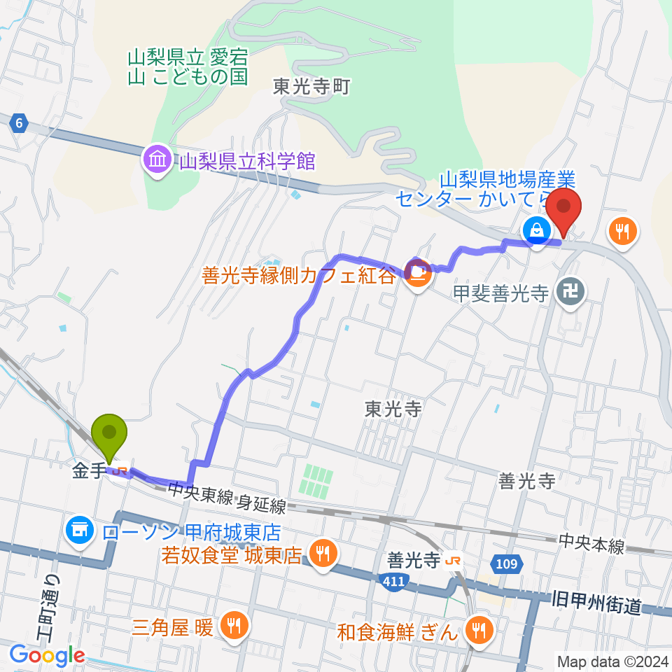 金手駅からハーパーズミルへのルートマップ地図