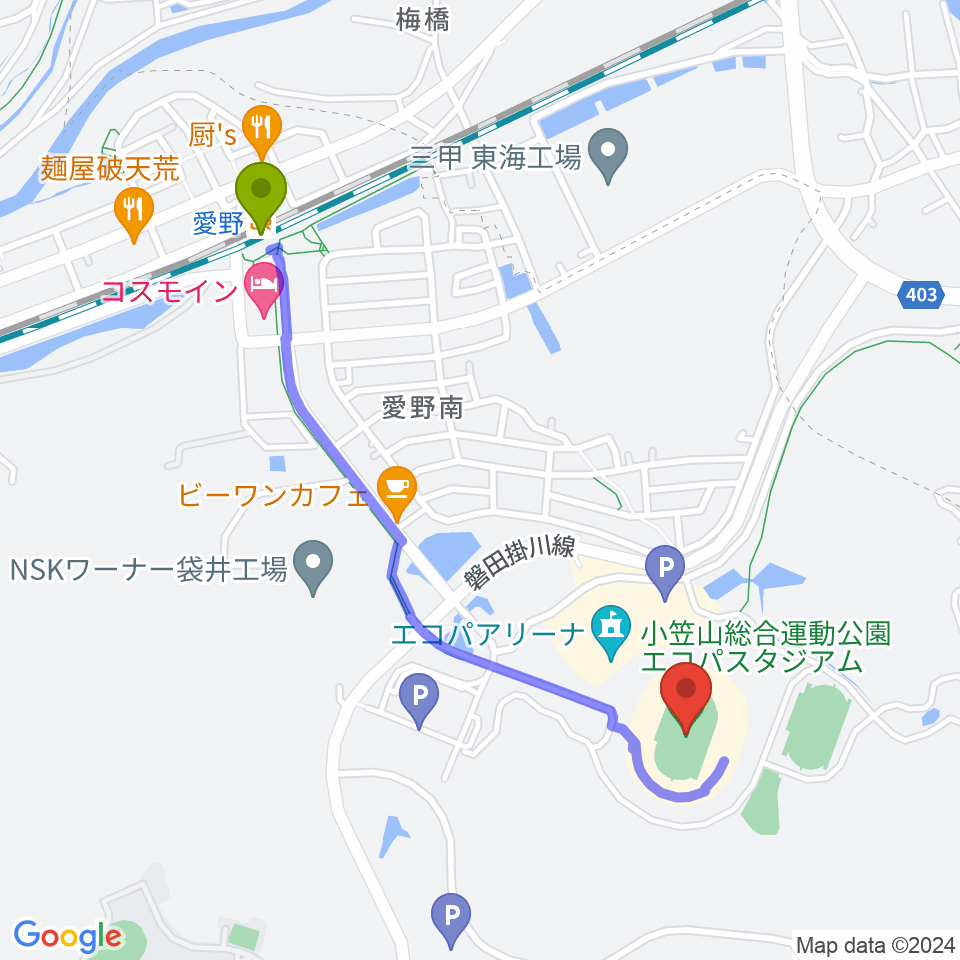 静岡エコパスタジアムの最寄駅愛野駅からの徒歩ルート（約21分）地図