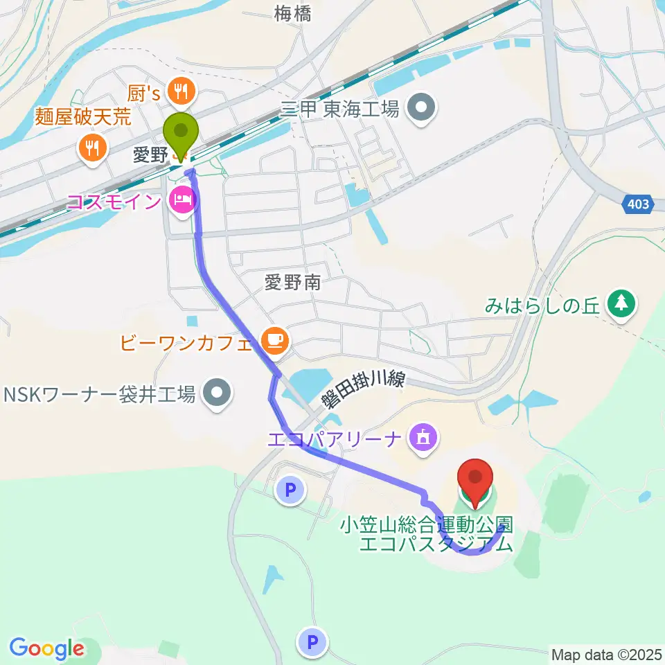 静岡エコパスタジアムの最寄駅愛野駅からの徒歩ルート（約21分）地図