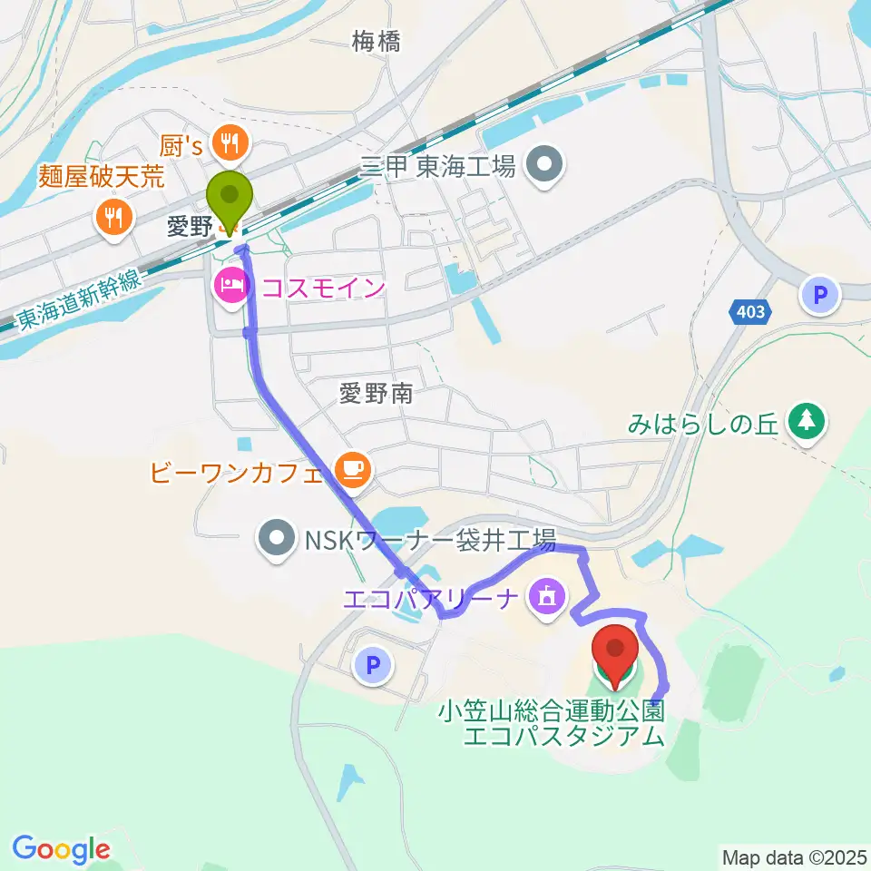 静岡エコパスタジアムの最寄駅愛野駅からの徒歩ルート（約21分）地図