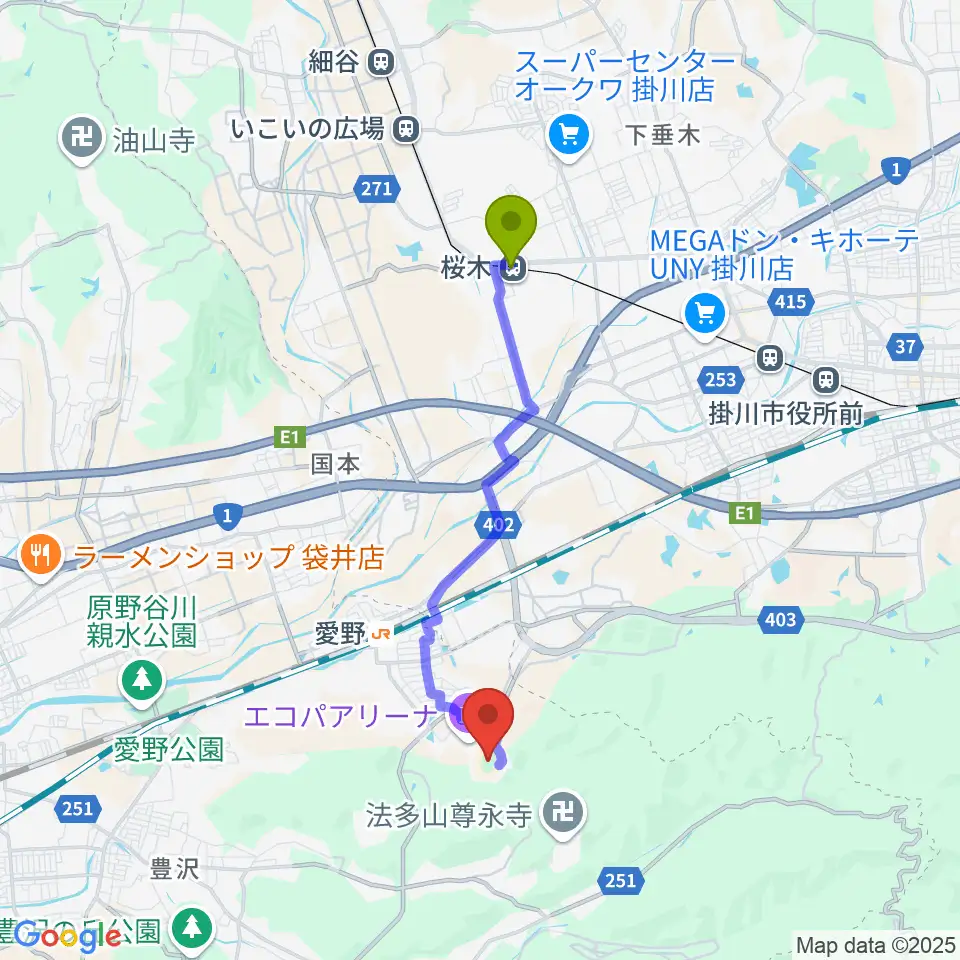 桜木駅から静岡エコパスタジアムへのルートマップ地図