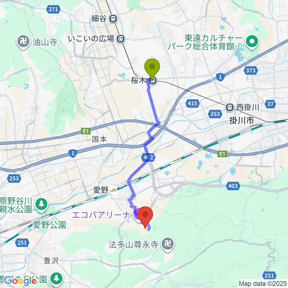 桜木駅から静岡エコパスタジアムへのルートマップ地図