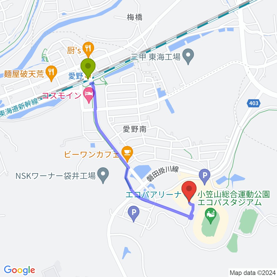 静岡エコパアリーナの最寄駅愛野駅からの徒歩ルート（約18分）地図