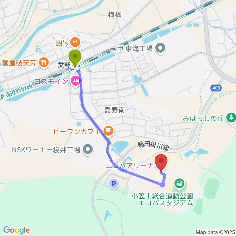 静岡エコパアリーナの最寄駅愛野駅からの徒歩ルート（約18分）地図