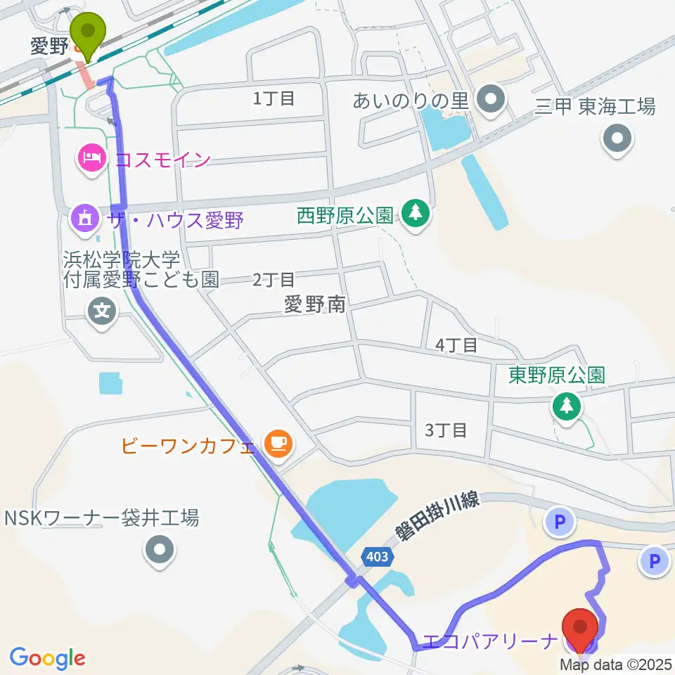 静岡エコパアリーナの最寄駅愛野駅からの徒歩ルート（約18分）地図