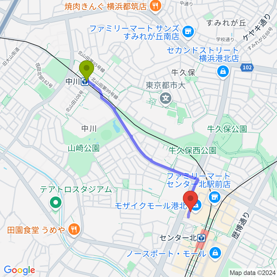 中川駅から島村楽器 モザイクモール港北店へのルートマップ地図