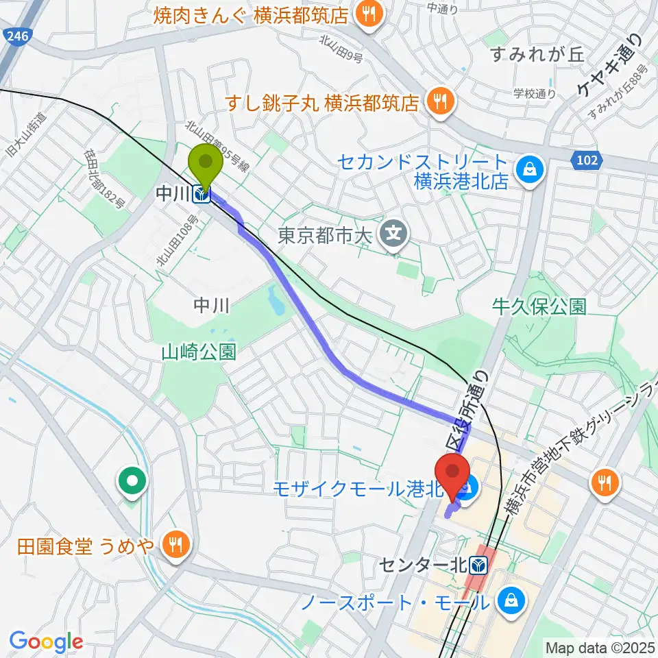 中川駅から島村楽器 モザイクモール港北店へのルートマップ地図